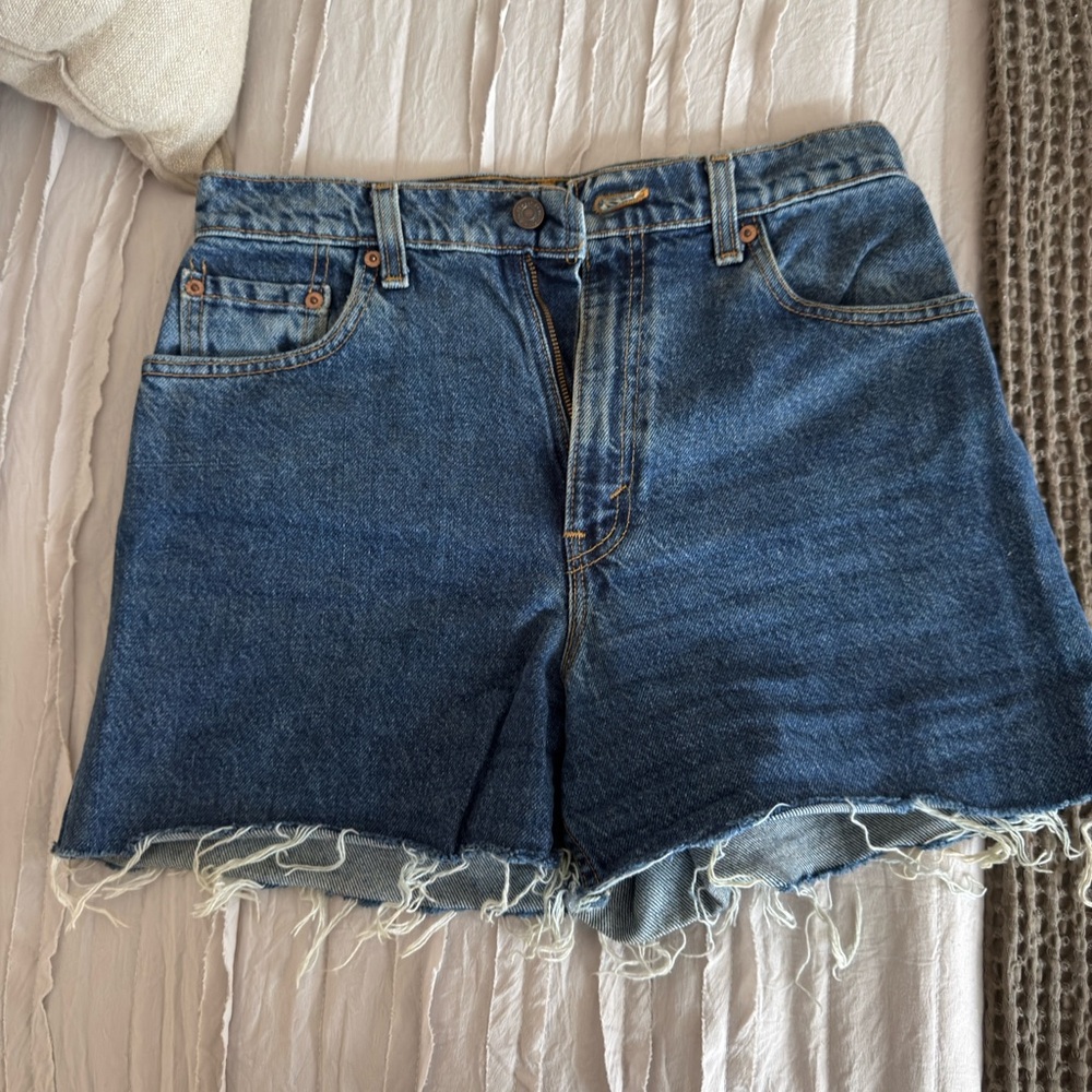 Levi's Blue High-Waisted Jean Shorts with Frayed Hem